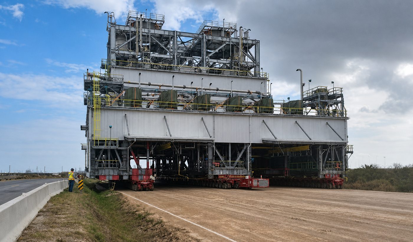 Multi-thousand-tonne process module transported on a treated haul road